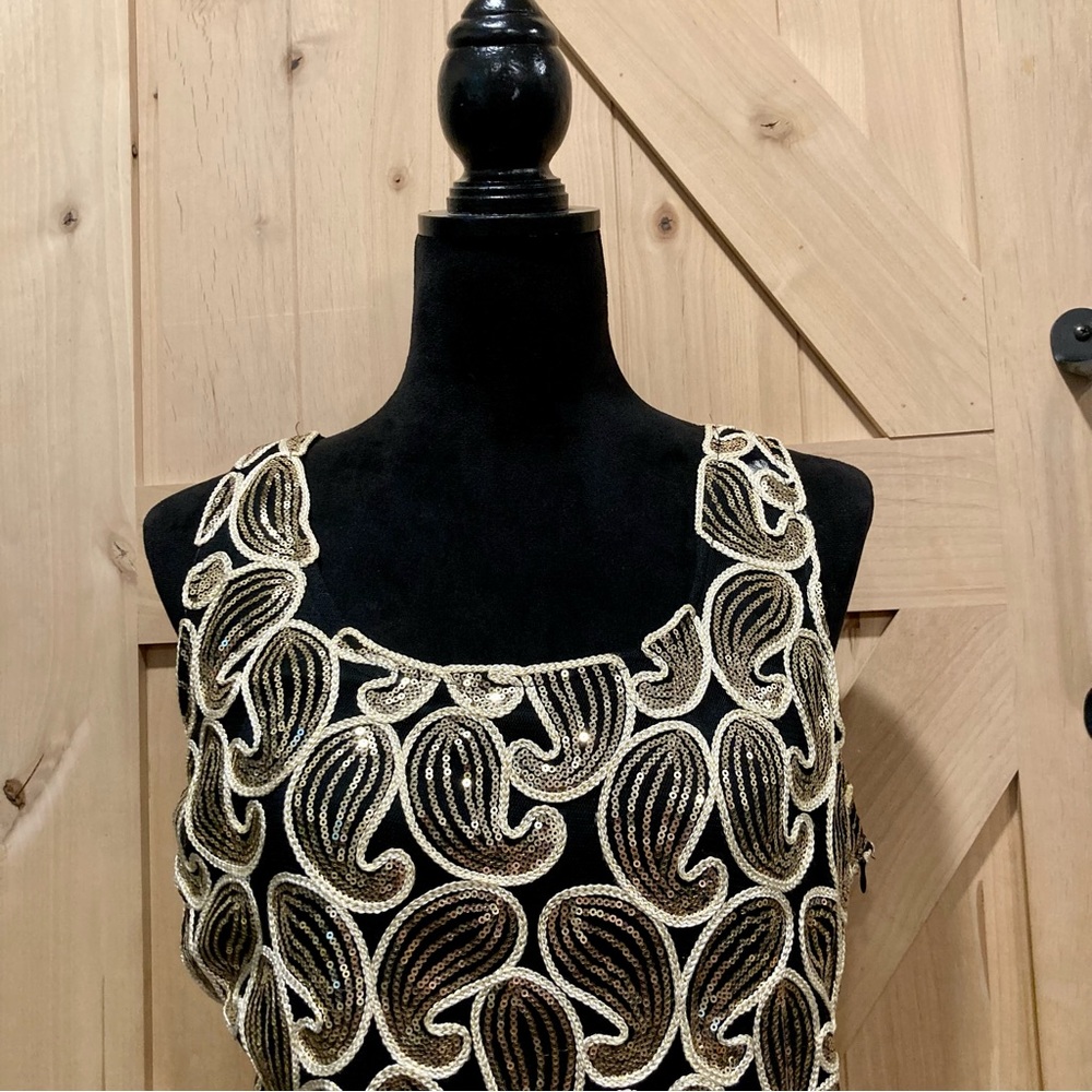 Black and Gold Sleeveless Sheath Dress Fringe Paisley Sequins - Picture 4 of 15
